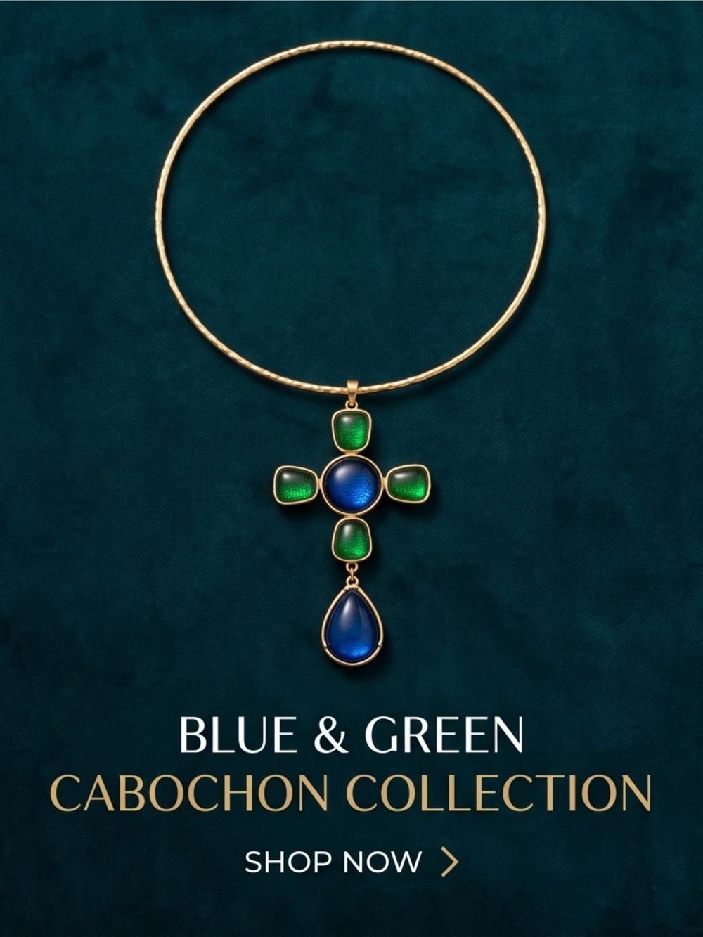Gold Pendant Necklace with Blue and Green Cabochons